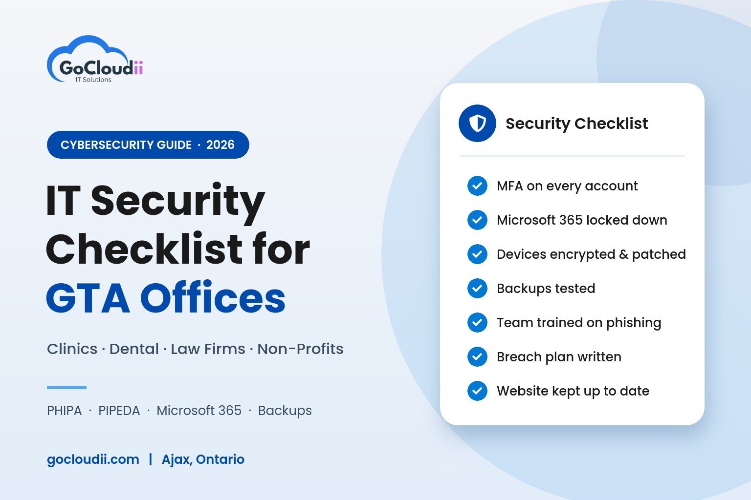 IT security checklist for GTA clinics, dental offices, law firms and non-profits by GoCloudii, Ajax, Ontario